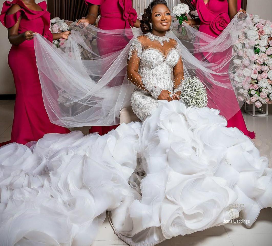 Plus Size Mermaid 2022 Wedding Dresses arabic Bridal Gowns Tiered Ruffles illusion Long Sleeve Pearls Beaded Crystal african aso ebi Robe de mariée