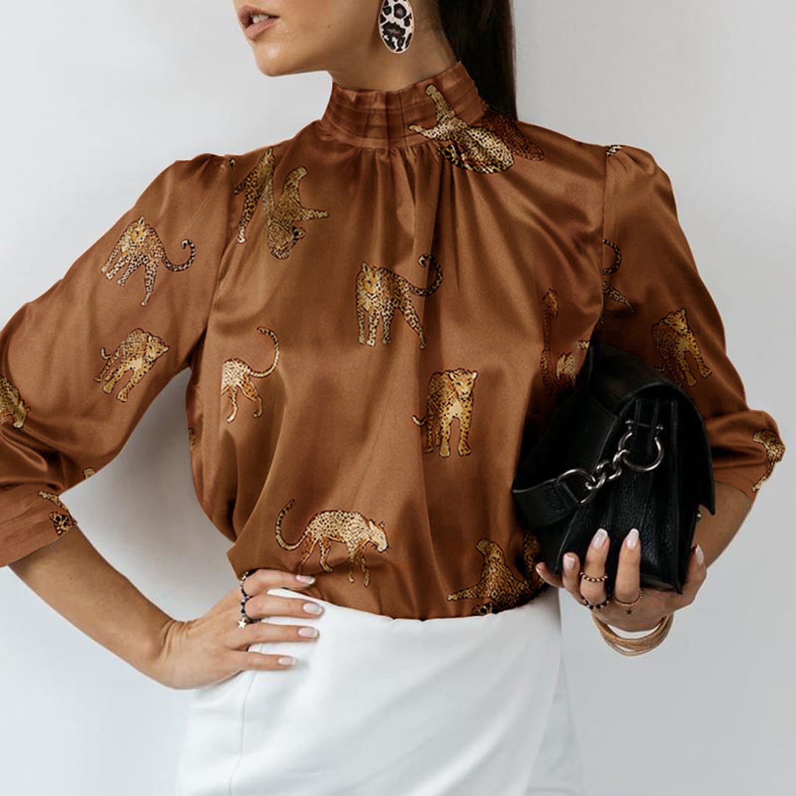 2022 Women Satin Elegant Blouses Tiger Print Long Sleeve Shirts Tunic Summer Stand Collar Party Top Casual Blusas Femininas