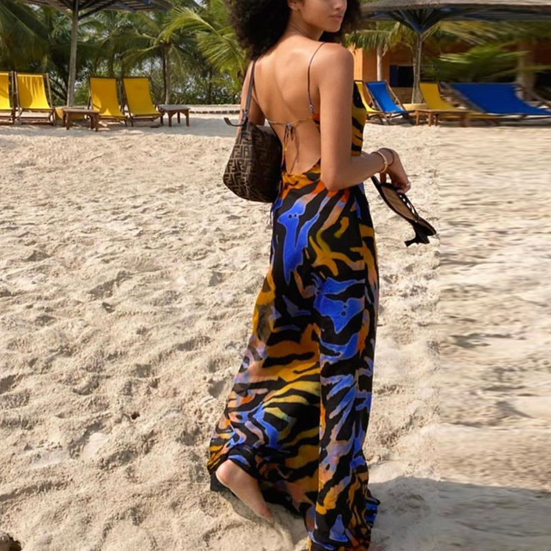 Colysmo Print Maxi Dress Women Sexy Low Cut Cowl Neck Back Lace Up Sexy Dresses Seaside Party Club Wear Long Dress 220510
