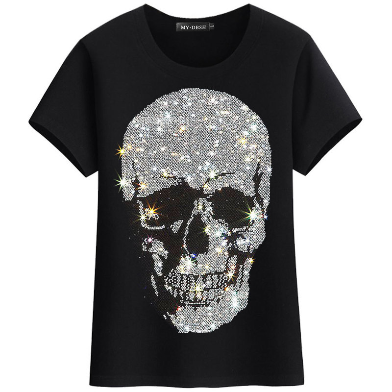 Casual Skulls T-shirt Women Summer Short Sleeve Tops Lady Fashion Streetwear Slim Cotton Tshirts Plus Size S-5XL 220321