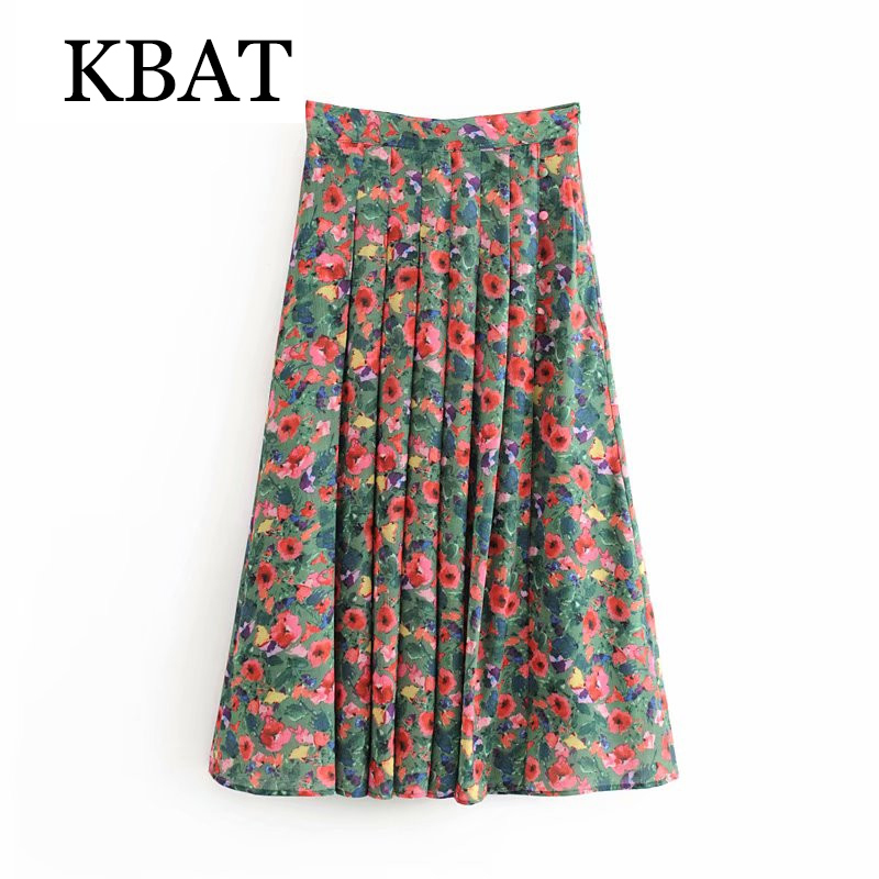 KBAT Spring Vintage Green Long Skirt High Waist Print Seaside Holiday Pleated Split Elegant Floral Women 220701