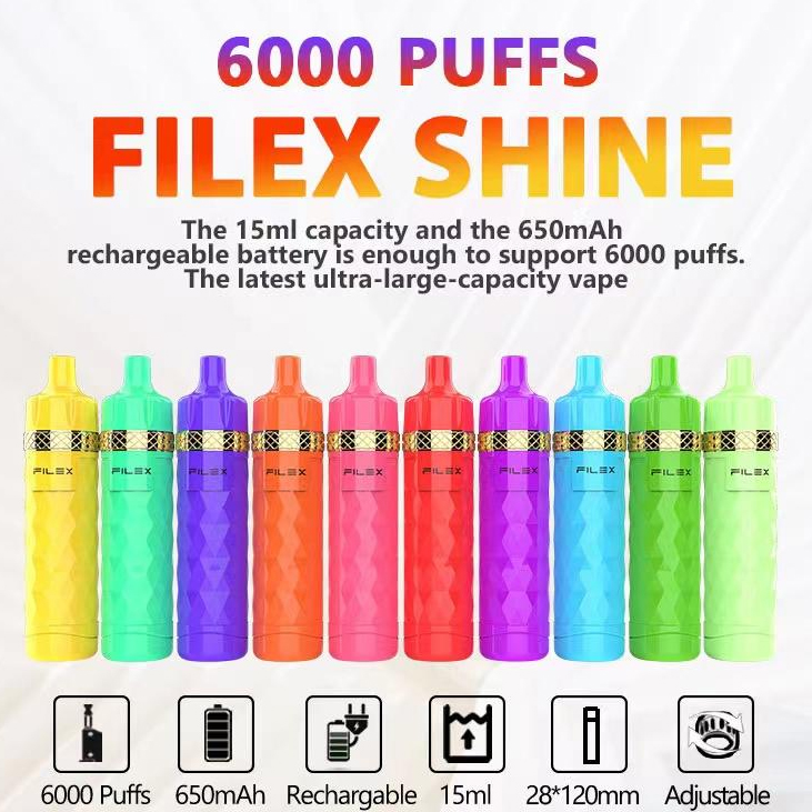 100% Original Filex Shine Disposable Vape Pen E Cigarette 6000 Puffs Mesh Coil 15ml Prefilled Rechargeable 650mah battery TYPE C Adjustable Airflow puff bar BANG XXL
100% Original Filex Shine Disposable Vape Pen E Cigarette 6000 Puffs Mesh Coil 15ml Prefilled Rechargeable 650mah battery TYPE C Adjustable Airflow puff bar BANG XXL