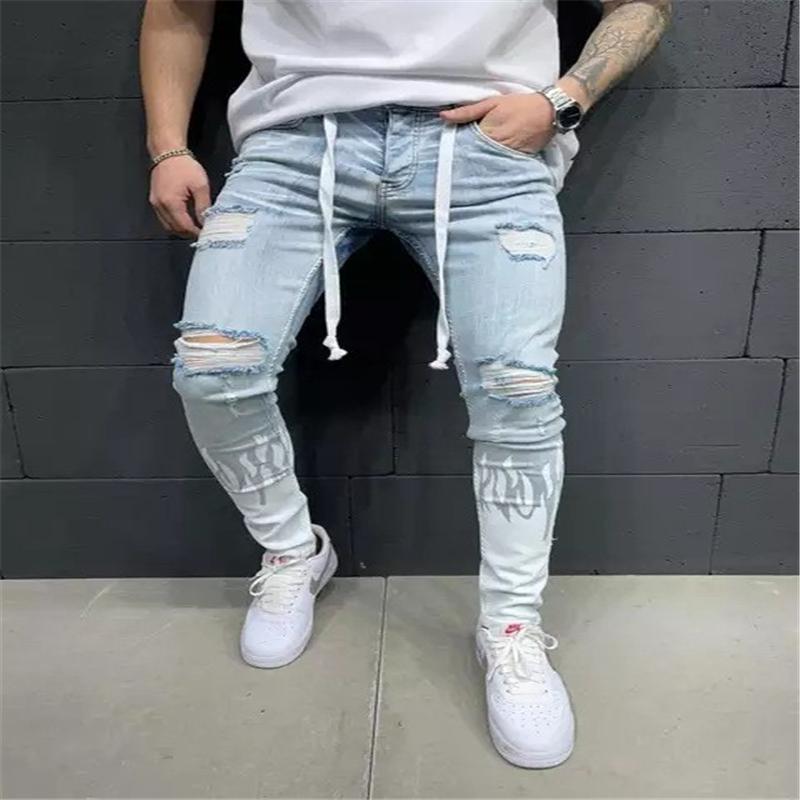 Men's Distressed Denim Cargo Jeans - Flame Colorblock Skinny Fit, Patchwork, Elastic Waist, Spring/Autumn B1