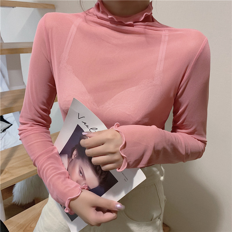 TingYiLi High Neck Sheer Mesh Top Women Long Sleeve Turtleneck T shirt Korean Sexy See Through Black White Pink Purple Shirt 220714