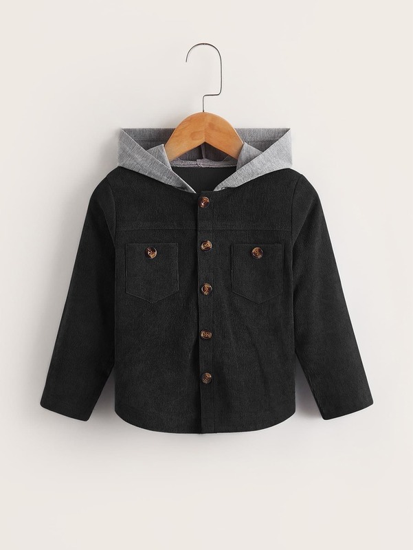 Toddler Boys Pocket Patched Hooded Corduroy Coat SHE