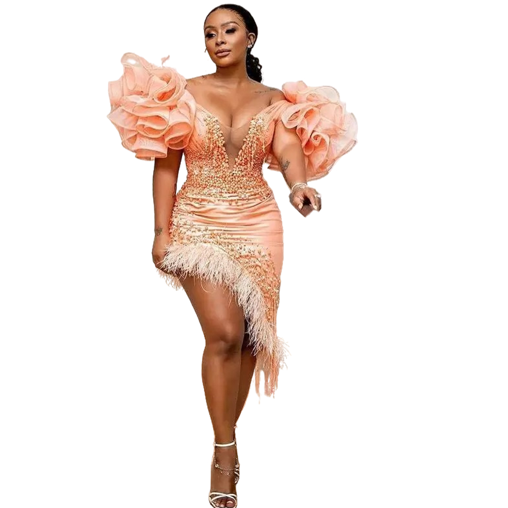 Aso Ebi Light Pink Sexy Prom Dresses Ruffle Sleeve Pearls Beaded V-Neck Short Cocktail Party Gowns Feather Sheath Special Occasion Dress For Black Gir