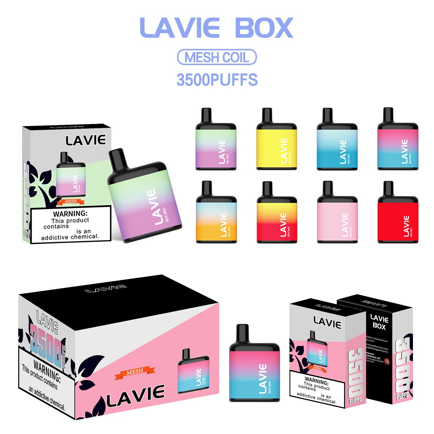 Disposable Vape 3500 Puffs Lavie Box Puff Vapes Electronic Cigarettes 450mAh Battery 0% 2% 5% Mesh Coil Smoking Device Wholesale Price
Disposable Vape 3500 Puffs Lavie Box Puff Vapes Electronic Cigarettes 450mAh Battery 0% 2% 5% Mesh Coil Smoking Device Wholesale Price
