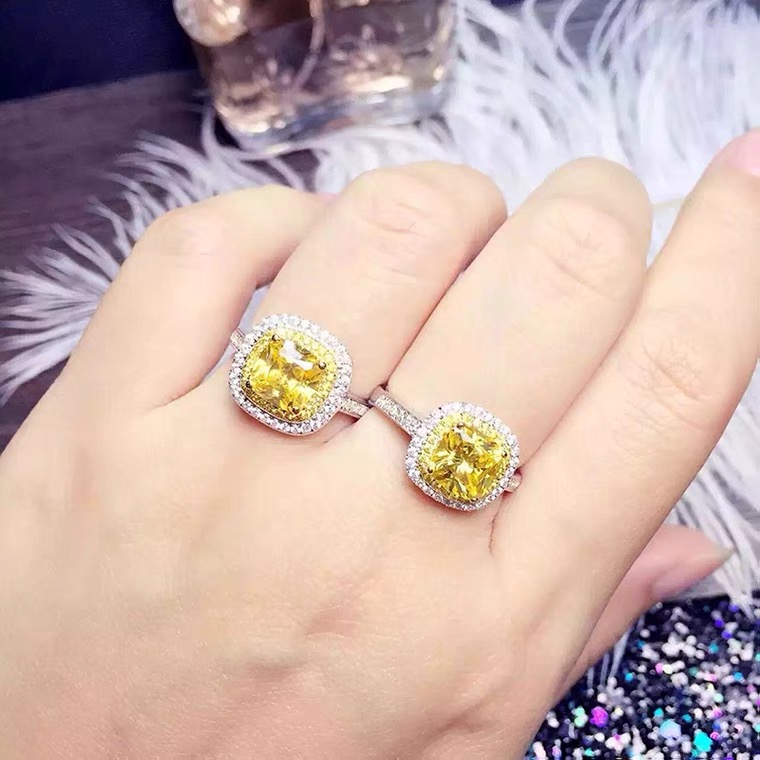 Size 5-10 Wedding Rings Luxury Jewelry 925 Sterling Silver Fill Cushion Shape Large Yellow 5A Cubic Zircon CZ Diamond Eternity Women Pave Engagement B