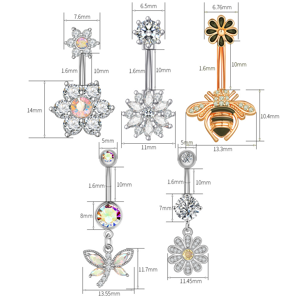 New Surgical Titanium Stainless Steel Belly Button Ring Diamond Butterfly Dangle Navel Barbell Stud for Women Rose Gold Cubic Zirconia Piercing Bling 