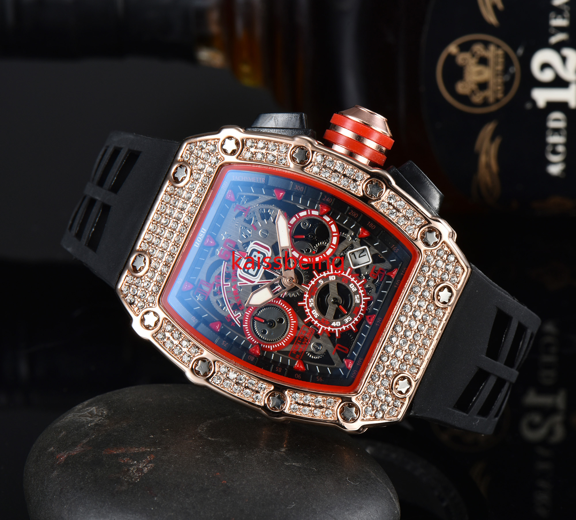 New Watch Men's Leisure Diamond Watches Gold Steel Case Silicone Quartz Wristwatches Strap Male Relogio Masculino 138, Box