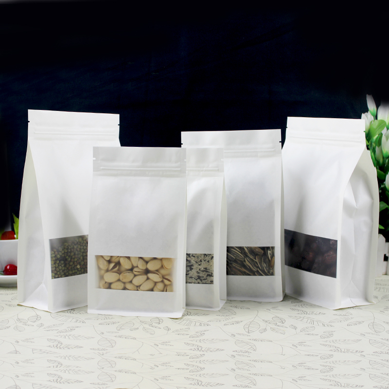 100pcs 3D Thick Stand up White Paper Window Packaging Bag Resealable Ground Coffee Beans Seeds Snack Tea Cereals Wedding Party Gifts Heat Sealing Stor