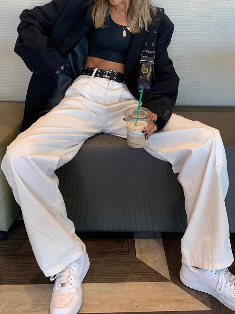 Weekeep Fashion Streetwear Women Jeans Pocket High Waist Jeans Korean Casual Straight Harajuku Denim Pants Baggy Cargo Pants 220701
