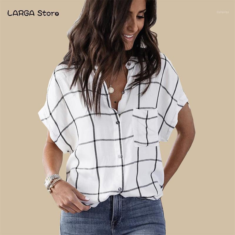 Women' Blouses & Shirts Shirt Stand-collar Dolman Sleeve Loose-fit Short Sleeved Plaid European And American-style Summer Style White Casua
Women' Blouses & Shirts Shirt Stand-collar Dolman Sleeve Loose-fit Short Sleeved Plaid European And American-style Summer Style White Casua
