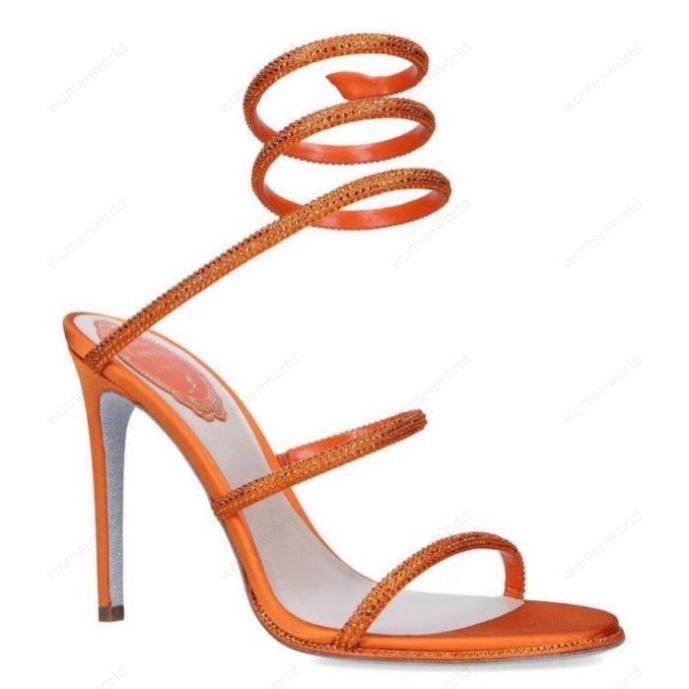 

RENE CAOVILLA Cleo open toe sandals crystal embellished spiral snake tail sandals twining rhinestone sandal women Top quality Hot Blue orange stiletto heels shoes, Only a boxes
