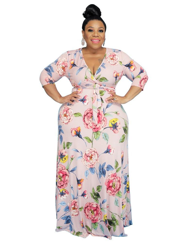 Plus Size Dresses Women Long Dress Lace Up High Waist V Neck Robe Summer Fashion Floral Print Sweet Elegant Oversize Maxi VestidosPlus, Black