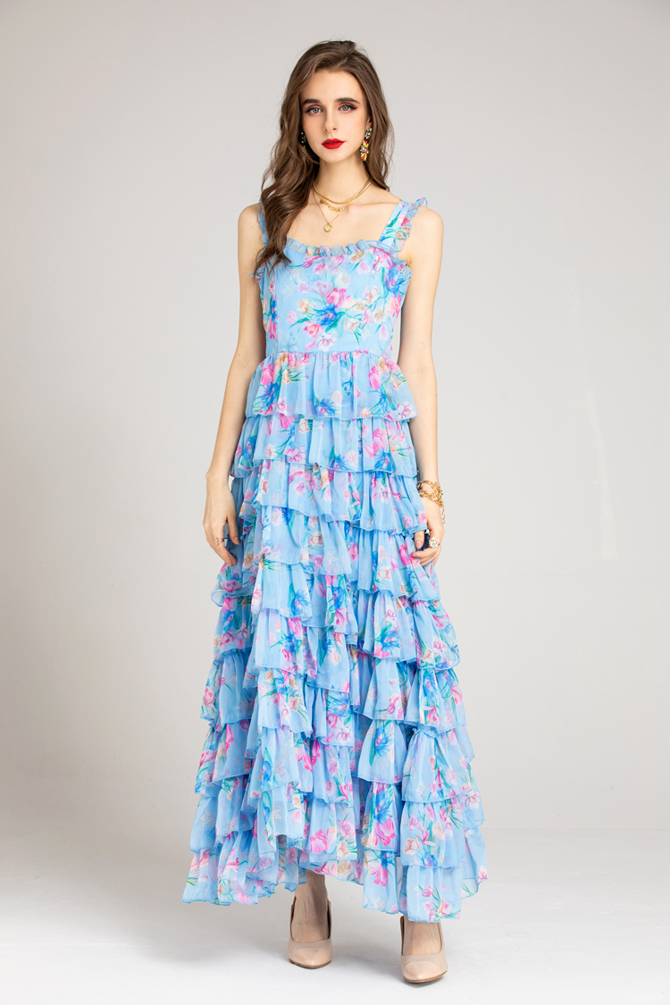 Women's Runway Dresses Spaghetti Straps Printed Tiered Ruffles Fashion Maxi Casual Party Prom Gown