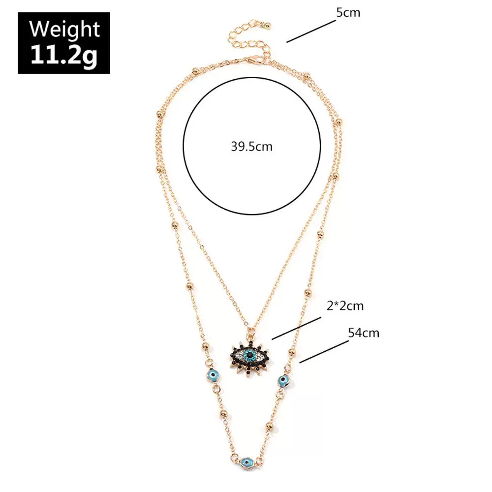 Vintage Boho Style Austrian Crystal Blue Evil Eye Pendent Necklace for Women 18K Gold Plated Double Layer Chain Good Luck Charm Necklaces Jewelry Gift