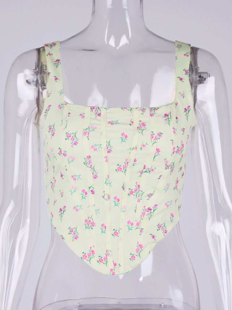 Asia Floral Corset Top Print Patchwork Zipper Boning 2 Layer Slim Fit Crop Tank Chic Yellow Cami y2k women 220325