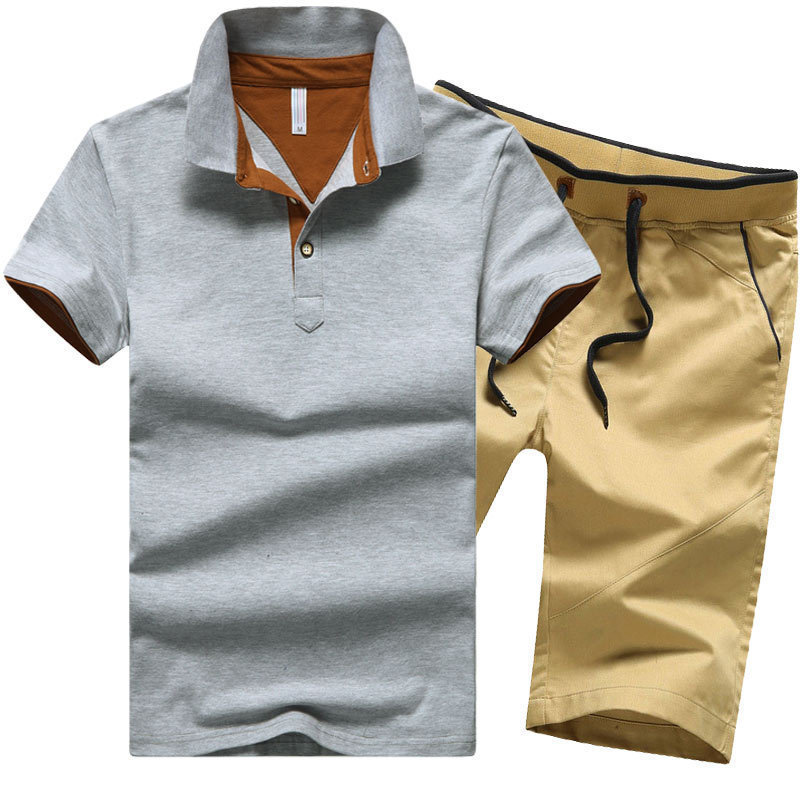 Man Polo Shirt Set 95% Cotton Summer White Grey Navy Black Male Quality Short Sleeve Knee Length Men Polo-shirts Shorts Suit 220317
