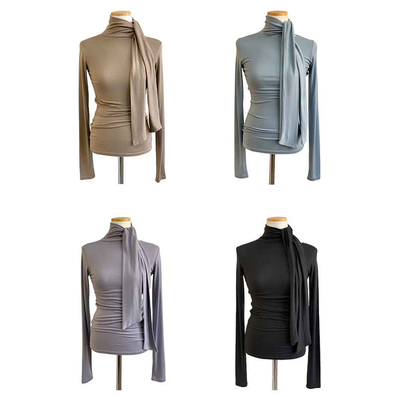 Korean Fashion Scraf Neck Tshirt Long Sleeve Sexy Slim Elasticity Cotton Soild Basic T-shirt Woman Tee Shirt Femme Tops 220328