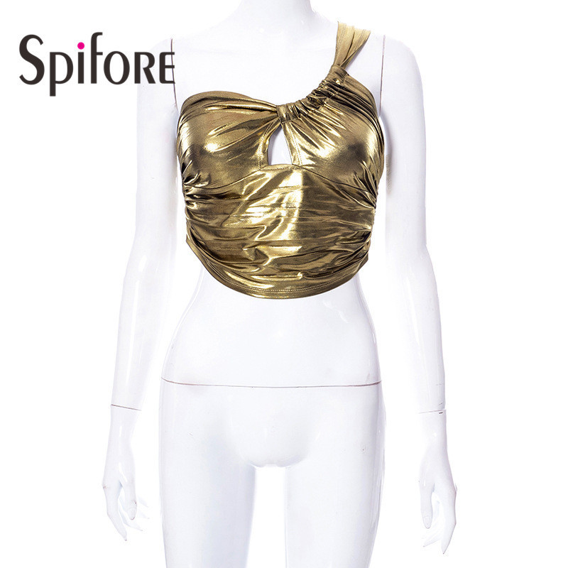 Spifore Summer Ruched Women Gold Crop Top Sexy One Shoulder Wrap Sheath Tank Fashion Party Clubwear Female Shirts 220325