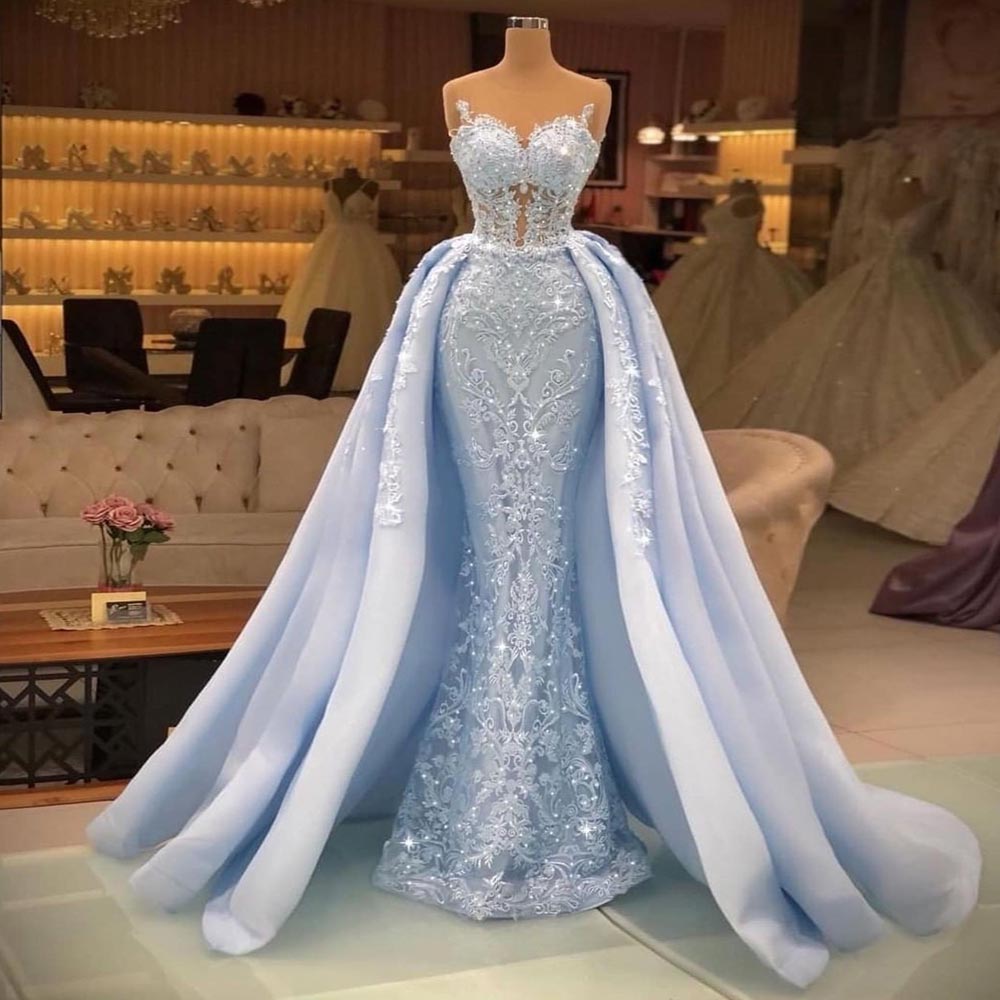 Light Sky Blue Lace Mermaid Prom Dresses Jewel Neckline Beaded Evening Gowns With Detachable Train Tulle Formal Dress For Women
Light Sky Blue Lace Mermaid Prom Dresses Jewel Neckline Beaded Evening Gowns With Detachable Train Tulle Formal Dress For Women