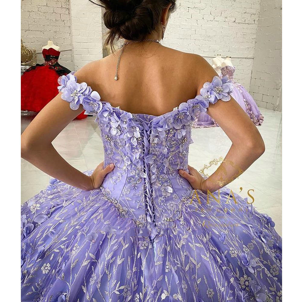 Lilac Lavender 3D Floral Quinceanera Dresses with cape Crystal Floral Lace-up corset Off Shoulder prom Party Sweet 16 Dress