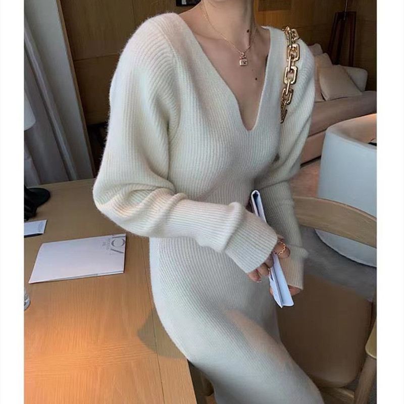 2022 French Style Long Sweater Dress Knitting Solid Dress Women's Autumn And Winter Wear Minimalism Dress 220317