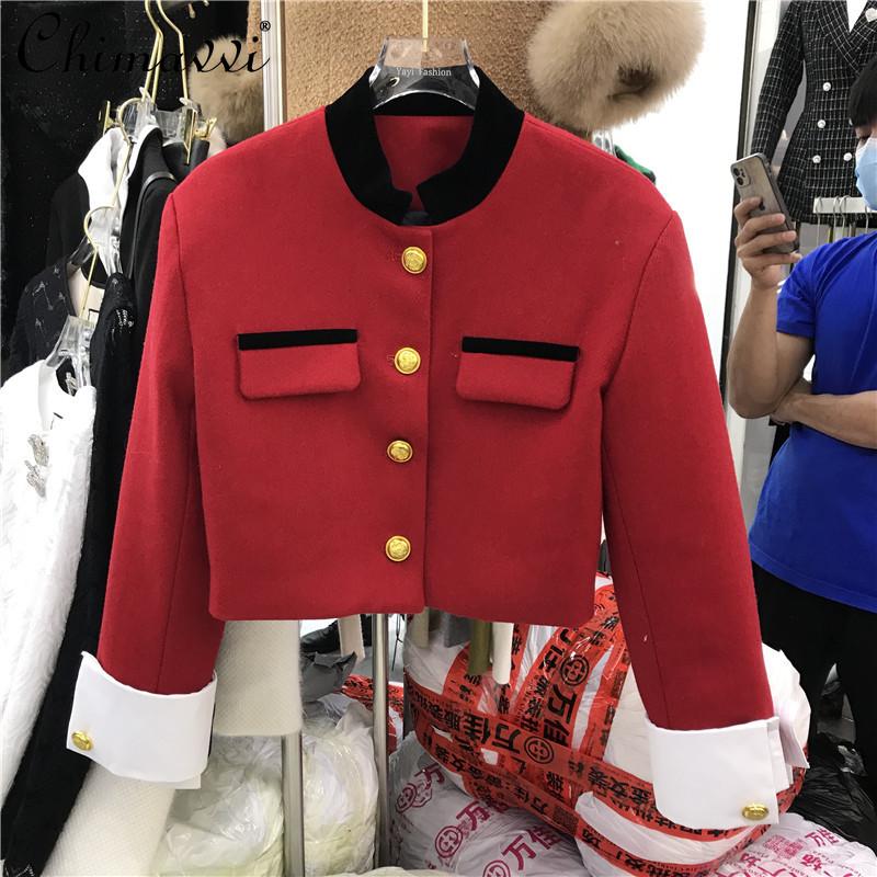 Women' Jackets Women Fashion Office Lady Red Shory Woolen Coat 2022 Winter Ladies Elegant Color Stitching Stand-Collar Metal Buckle Jacket
Women' Jackets Women Fashion Office Lady Red Shory Woolen Coat 2022 Winter Ladies Elegant Color Stitching Stand-Collar Metal Buckle Jacket