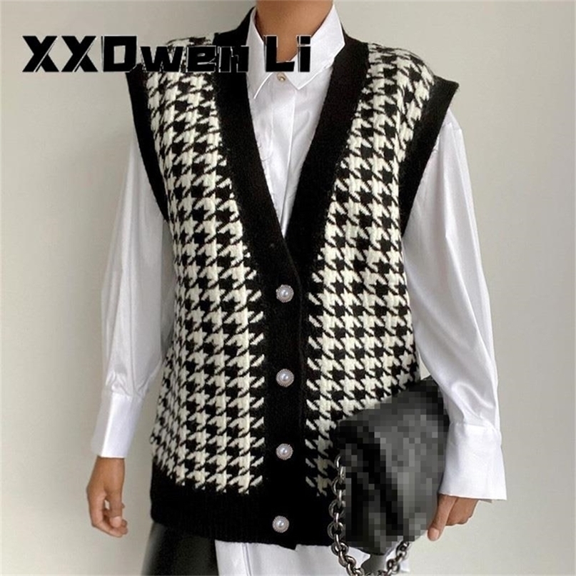 Wool Vest Cardigans Woman Autumn Winter Houndstooth Casual Black Sleeveless Sweater Women Loose Knitted Fashion Jumper 220325