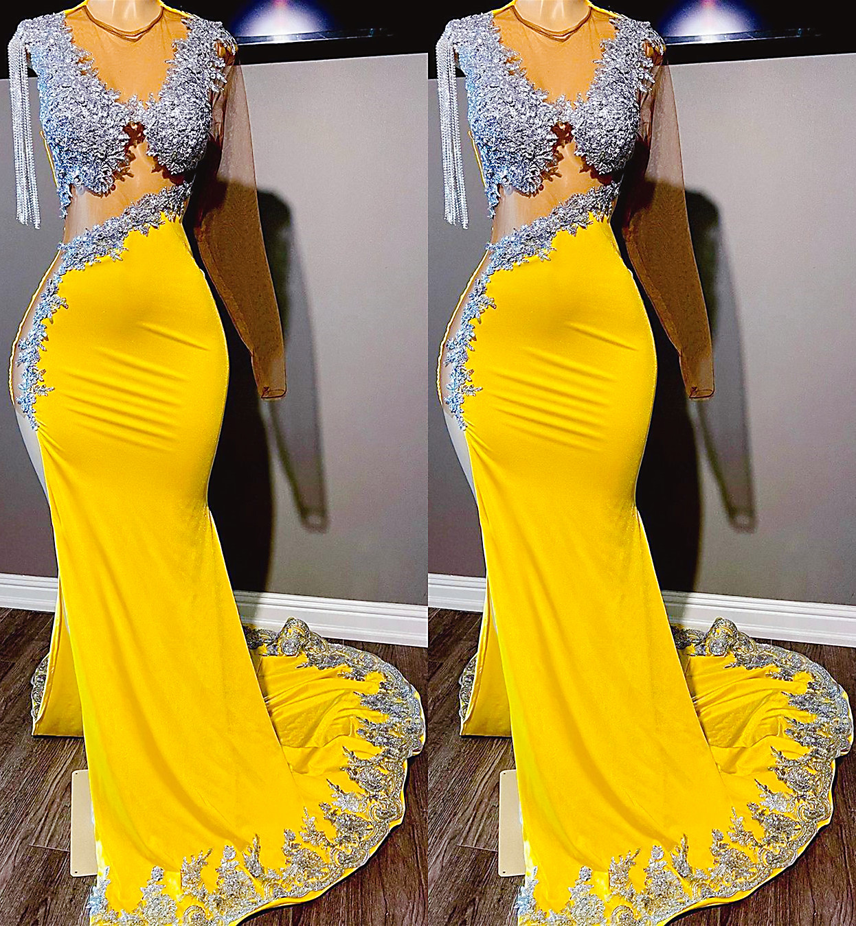 Plus Size Arabic Aso Ebi Yellow Luxurious Mermaid Prom Dresses Lace Beaded Evening Formal Party Second Reception Birthday Engagement Gowns Dress ZJ230