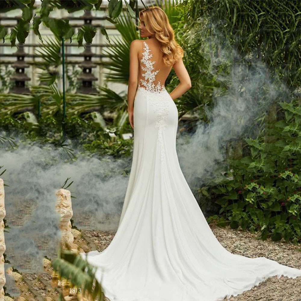 Simple Bride Gowns O-Neck Appliques Beach Wedding Dresses for Women 2022 Mermaid Princess Illusion Back Boho Vestido De Noiva