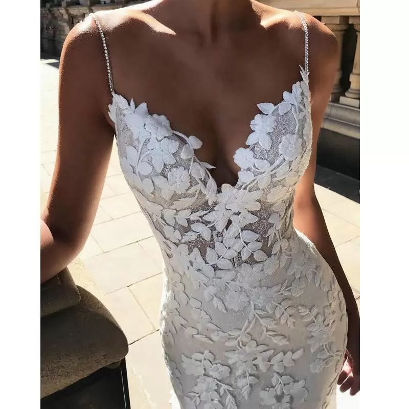 Applique Gorgeous Lace Wedding Dresses Bridal Gown Mermaid Sheath Spaghetti Straps Custom Made Tulle Sweep Train Beach Vestidos De Novia BC20601