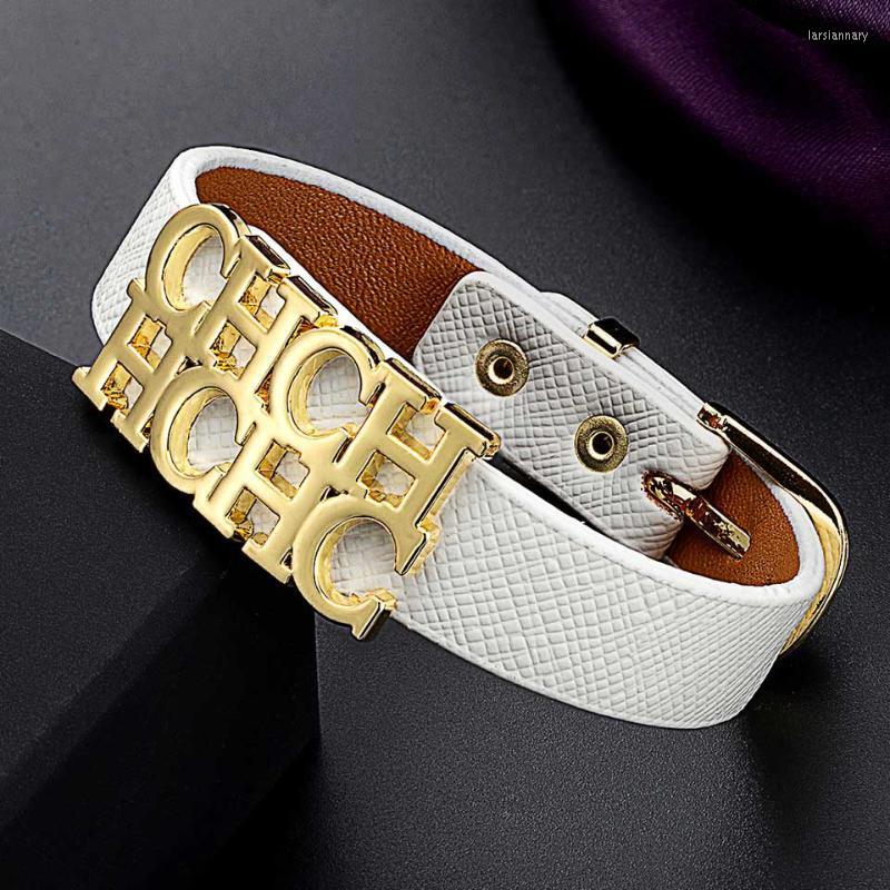 Beaded Strands Zlxgirl Arrival Punk Style Belt Clasps Design 316L Steel CH Letter PU Leather Charms Bracelet&Bangle For Women Party Jewe