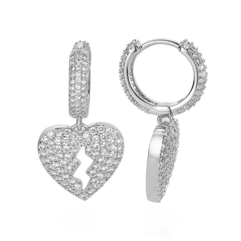 Hip Hop Heartbreak Dangle Earrings Bling White Zircon Hoop Earrings 18K Real Gold Plated Jewelry