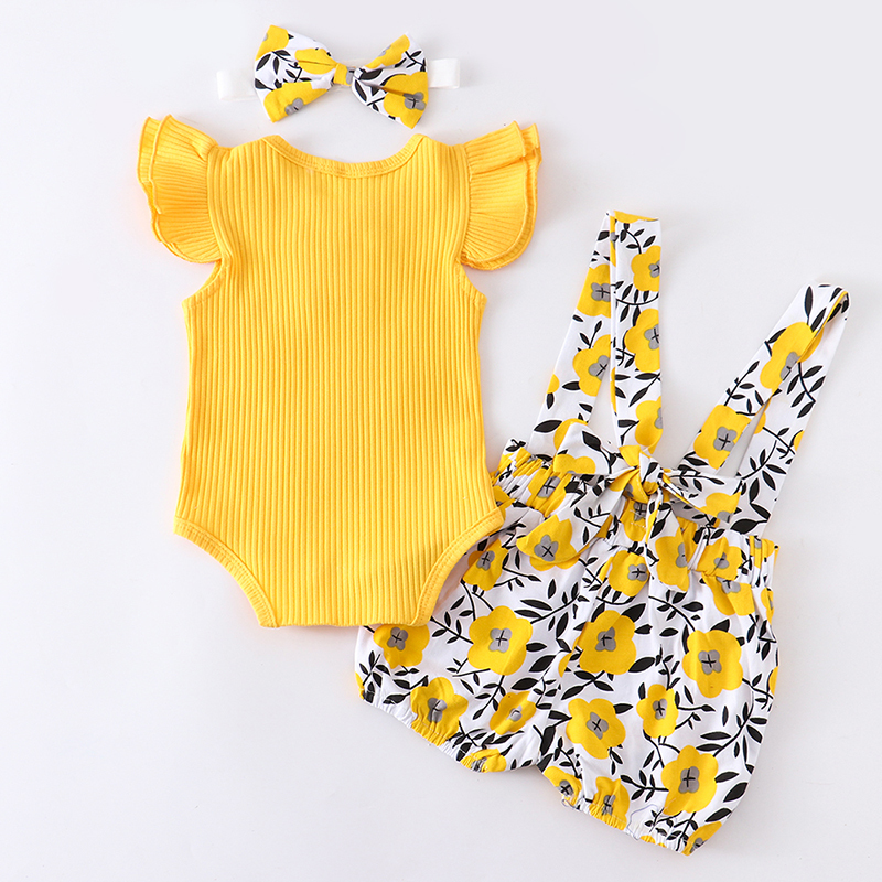 Baby Girl Summer Clothes Set Fashion born Infant Knitting Cotton Ruffles Romper Shorts Bow Headband 3Pcs For Toddler Outfits 220509