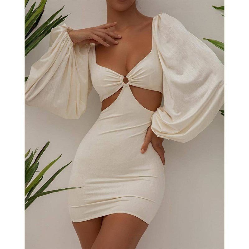 Fall Winter Chic Women Solid Sexy Lantern Long Sleeve Dresses Slim Hollow Out Party Bodycon Mini Dress For Female 220406