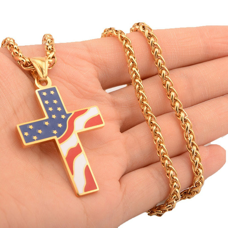 Creative Alloy Gold Silver Enamel American Flag Cross Pendent Necklace for Men Women USA Independence Day Festival Necklaces Jewelry Gift