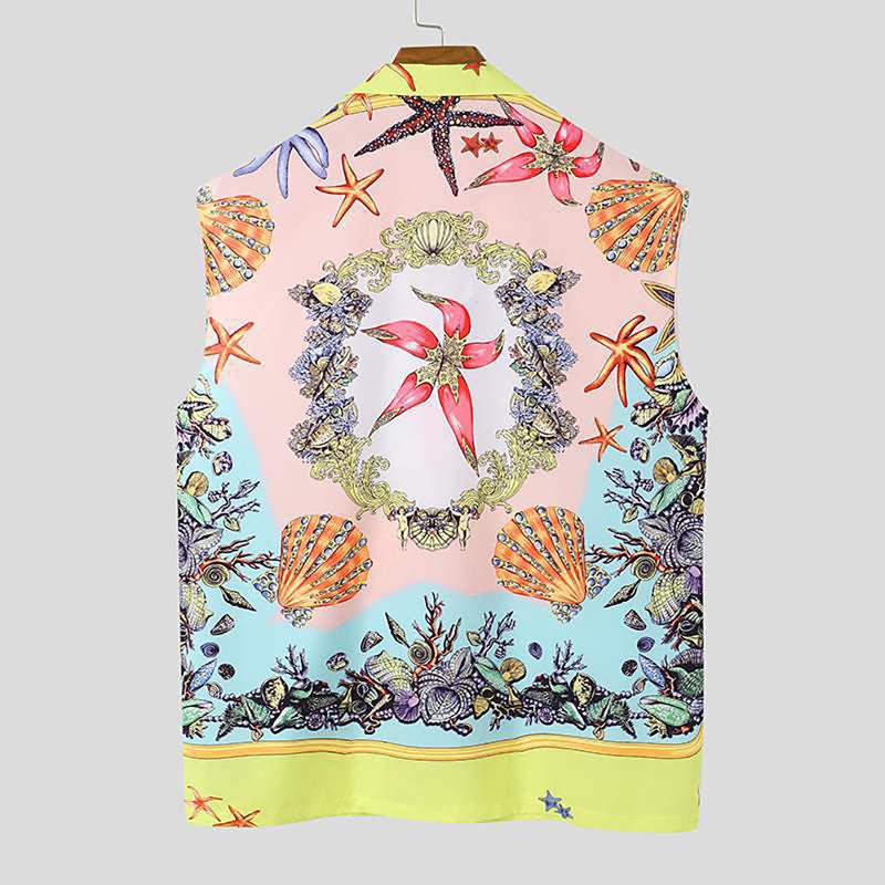 Men Hawaiian Shirts Printing Summer Lapel Sleeveless Vacation Casual Camisa Loose Breathable Streetwear Shirt 5XL