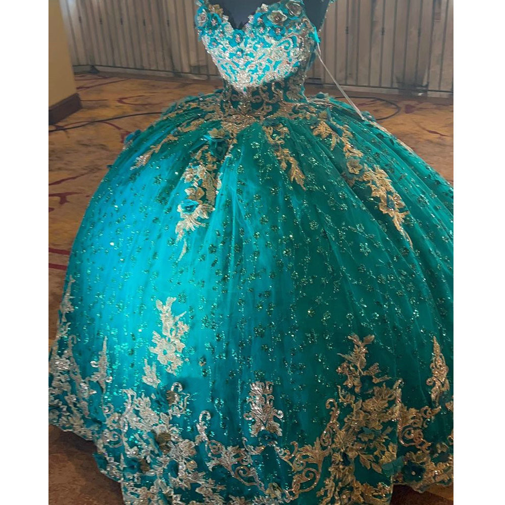 Hunter Green Sparkly Crystal Sequined Quinceanera Dresses With Gold Appliques Lace-up Corset prom Sweet 15 Girls gown