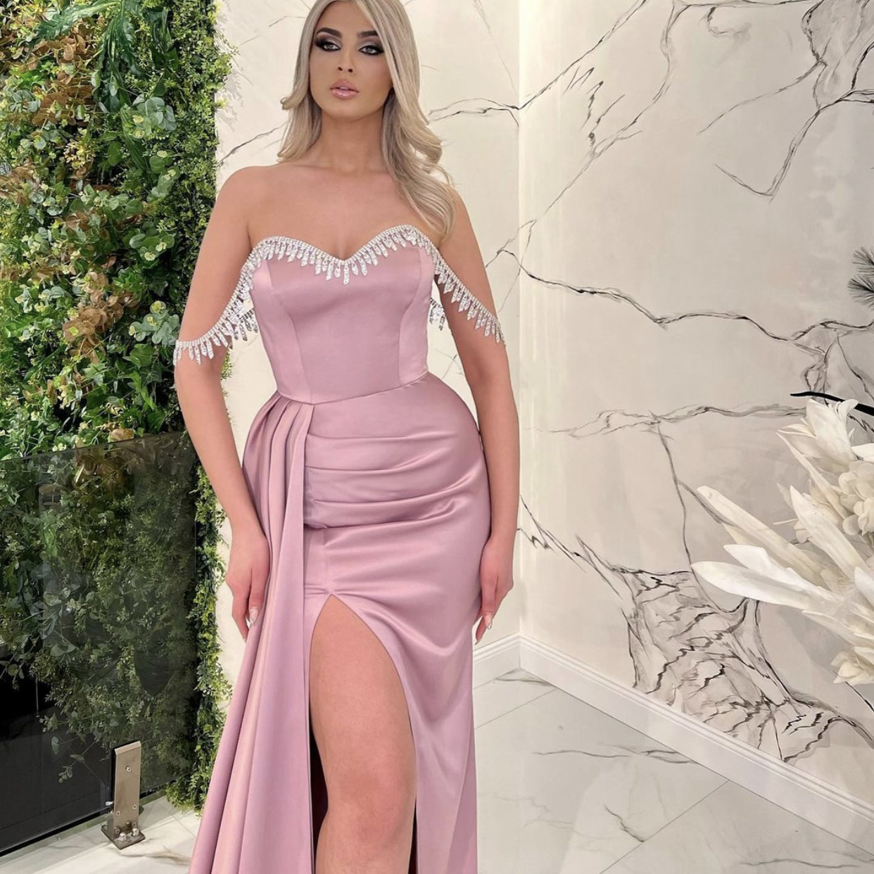 Dusty Pink Prom Dresses Modest Middle East Church With Off Shoulder Party Gown