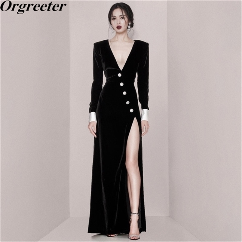 Retro Contrast color buttons Long-sleeved Slim Bodycon Long Maxi Velvet Dress Women Sexy V-neck High Slit Party 210602, Black
Retro Contrast color buttons Long-sleeved Slim Bodycon Long Maxi Velvet Dress Women Sexy V-neck High Slit Party 210602, Black