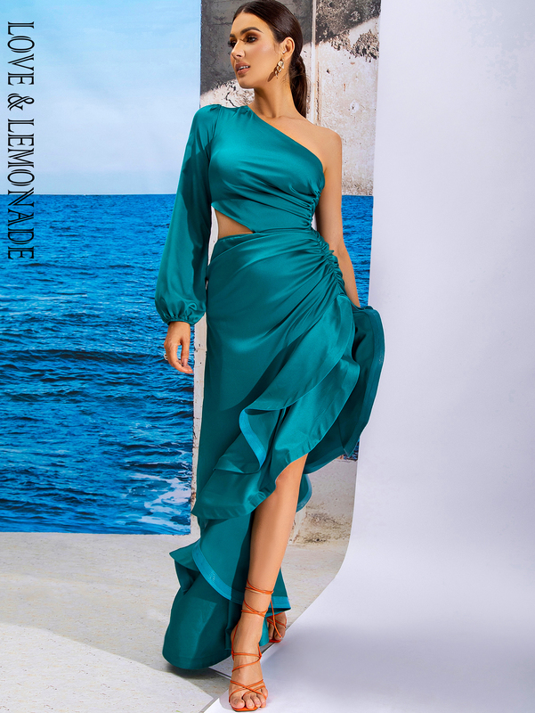 LOVE&LEMONADE Sexy Green Off-The-Shoulder Cutout Ruffled Reflective Satin Party Maxi Dress LM82202-1 GREEN 220507