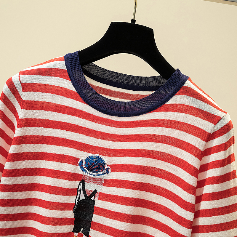 Embroidery Striped Knitted T Shirt Women Casual Short Sleeves Thin T-Shirt Soft Kintwear Woman Tshirts Female Summer Tops 220328