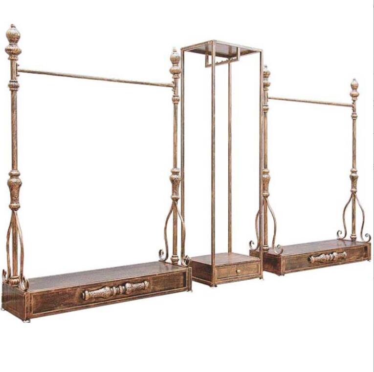 Clothing rack floor type cloth shop rack Commercial Furniture European iron retro display racks hanging clothes shelf gold bronze