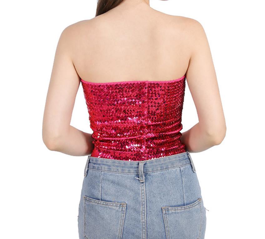 Womens Stage Wear Sparkly Sequin Mermaid Crop Tops Strapless Metallic Stretch Tube Tops Sexy Bling Party Clubwear Costume Camisoles