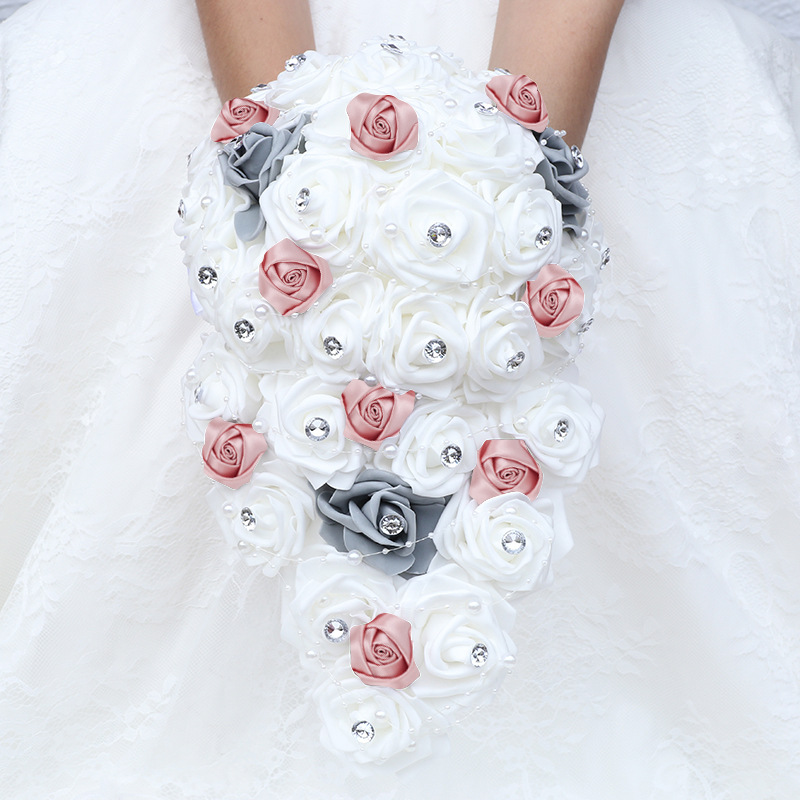 Big Long Waterfall New Wedding Bouquets for Bride and Bridesmaid PE Rose Rhinestones Hand Flower Party Wedding Decoration