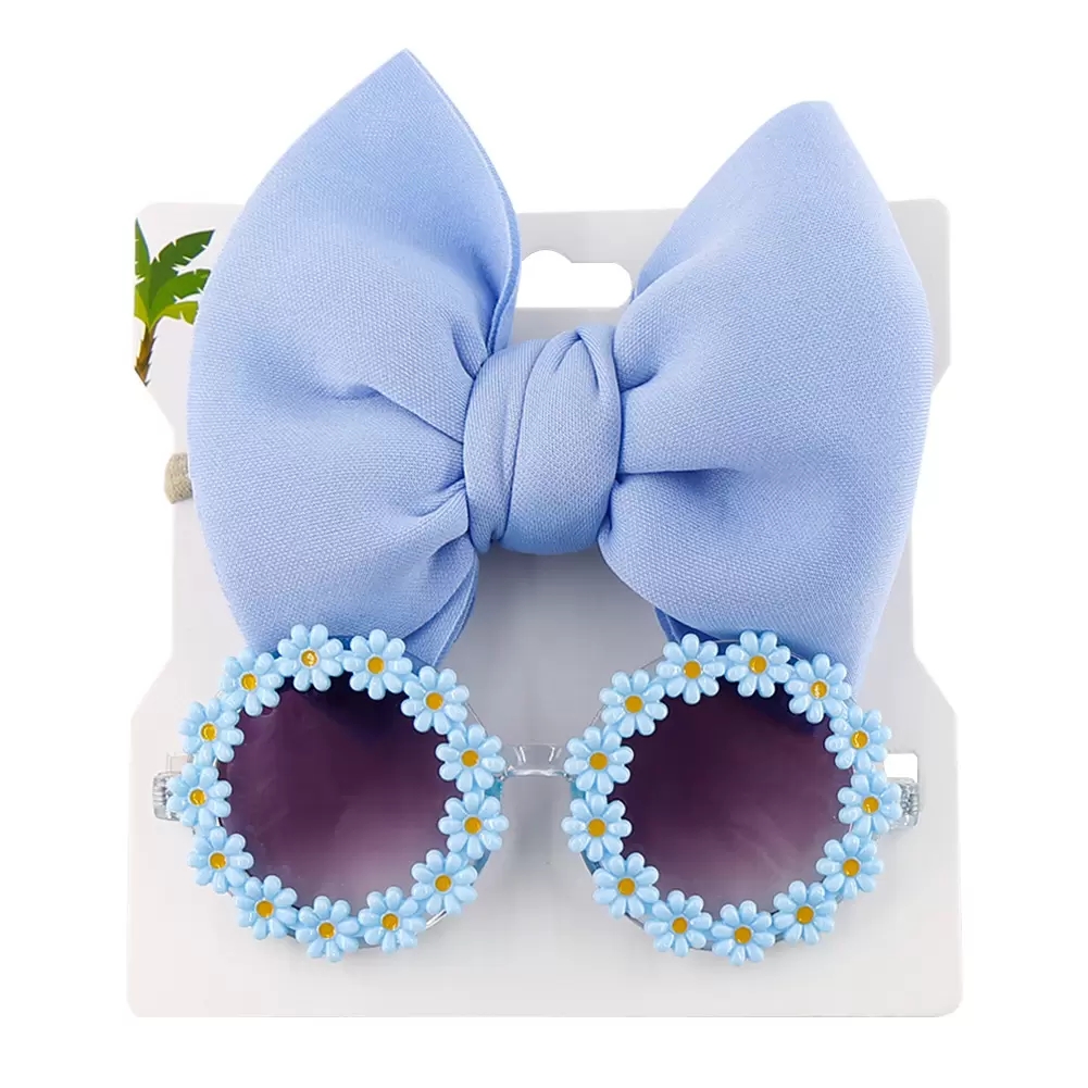 2Pcs/Set Daisy Flower Sunglasses With Elastic Nylon Baby Headband Bohemia Beach Seaside Sun Glasses Kids Puff Bow Headwear