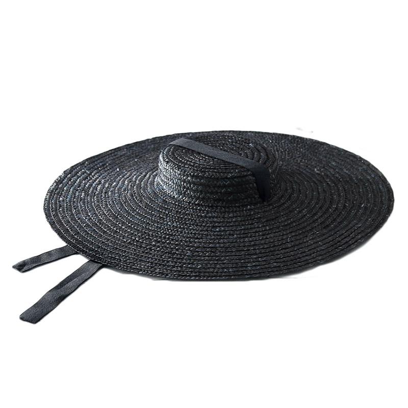 Wide Brim Hats 15cm Straw Hat Flat Top Summer Beach For Women Ribbon Boater Sun Gray Black Red Pink Blue With Chin Strap