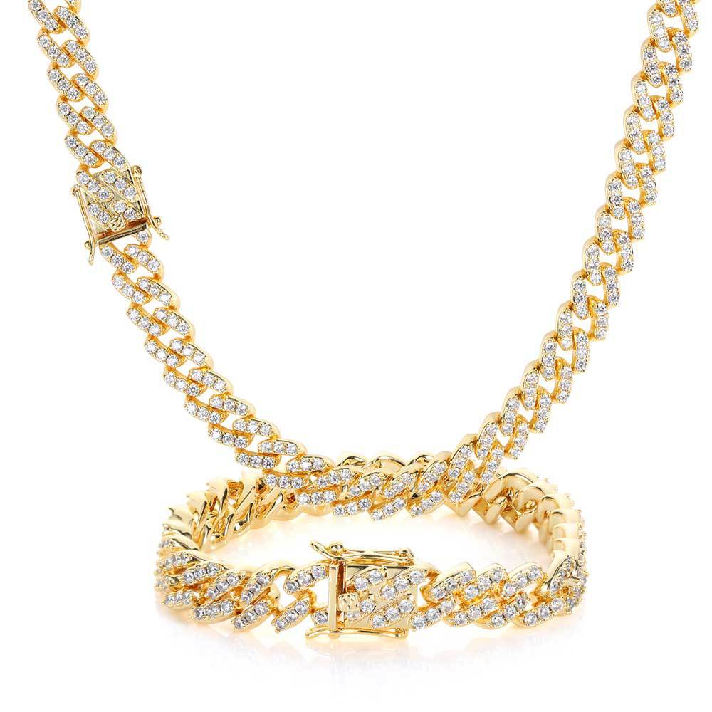9mm Hip Hop Cuban Chain Necklace Bracelets Jewelry Set Bling 18k Real Gold Plated Tennis Chains